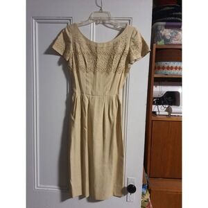Vintage 50s Carlye Butter Cream Linen Embroidered Collar Midi Party Dress A Line